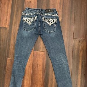 Miss Me Dark Blue Skinny Jeans with Embellished Pockets